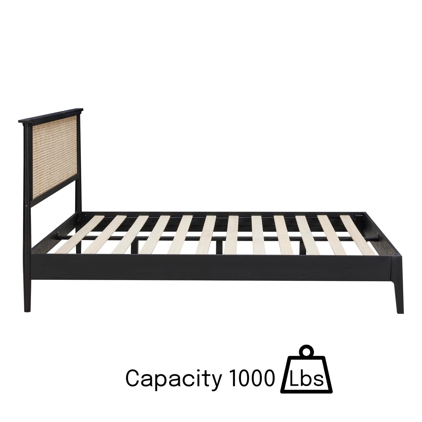 NTC Ruby Wooden Bed Frame with Headboard and Natural Rattan, Solid Oak Foundation with Silent Slats, 1000 Lb Capacity, Effortless Assembly, King - Burnt Black