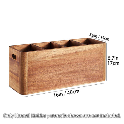 SANOSY 16" Wooden Kitchen Utensil Holder, Extra Large Acacia Wood Organizer for Cooking Tools, Utensils & Cutlery Storage – 4-Compartment Countertop Holder