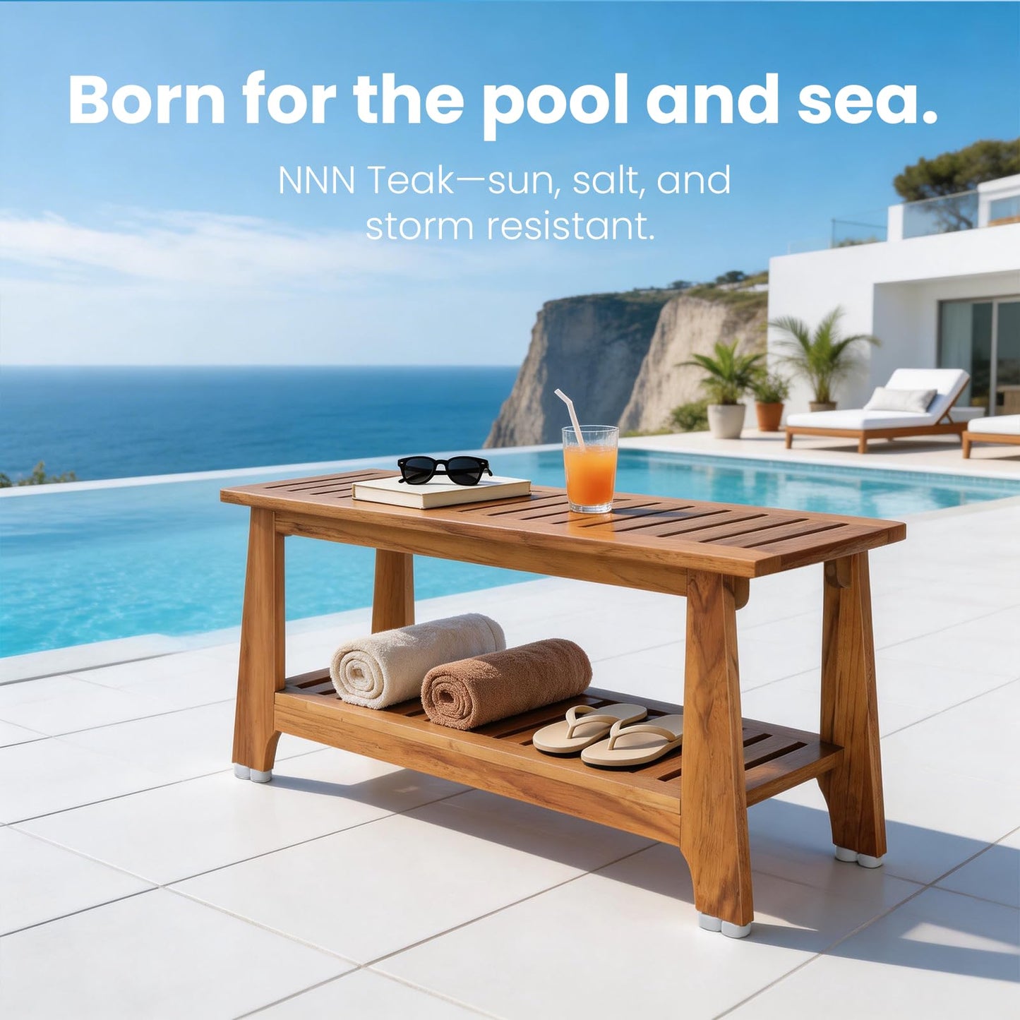 NNN 42" Commercial Teak Shower Bench - 8 Non-Slip Leveling Feet & 350 lbs Capacity | Rock-Solid Stability for Seniors & Spa Safety | Waterproof Design for Saunas/Outdoor Pools (Patented)