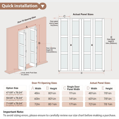 EaseLife Preassembled Bi-Fold Doors, for 48"x 80" Opening,Tempered Frosted Glass Closet Folding Barn Door with Concealed Hardware Kit,MDF Wood Panel,Water-Proof PVC Surface,Easy Installation