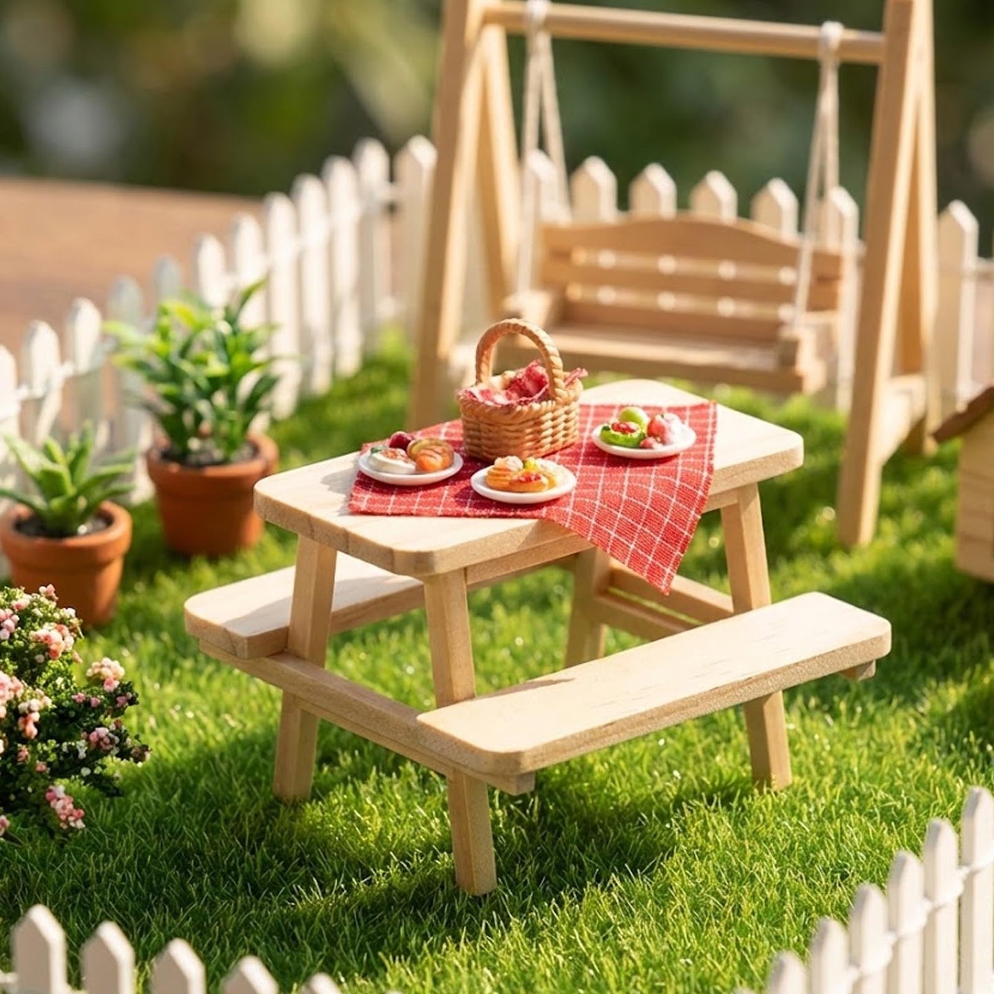 Garneck 1/12 Scale Miniature Dollhouse Picnic Table and Chairs Set: Wooden Tiny Dollhouse Furniture for DIY Micro Scenes Fairy Garden Decoration & Photography Prop