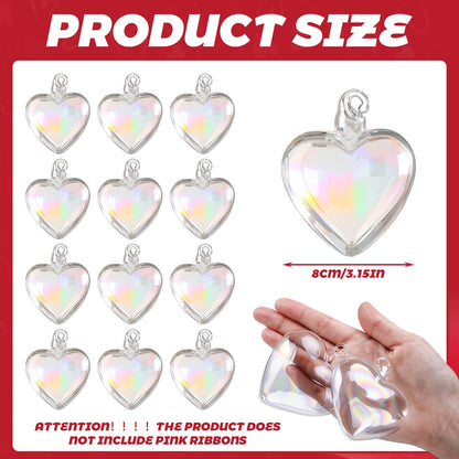 Bokon 12 Pcs Valentine Glass Heart Ornaments Valentine Tree Decoration 3.15 Inch Hand Blown Glass Hearts for Tree Clear Iridescent Crystal Ornaments Transparent Hanging Pendant for Wedding Party
