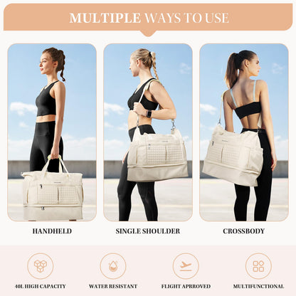 Maelstrom Gym Bag for Women,40L Travel Duffel Bag with Shoes Compartment and Wet Pocket,Waterproof Carry On Weekender Bag,Sport Gym Tote Bags Swimming Yoga, Hospital Holdalls-Beige