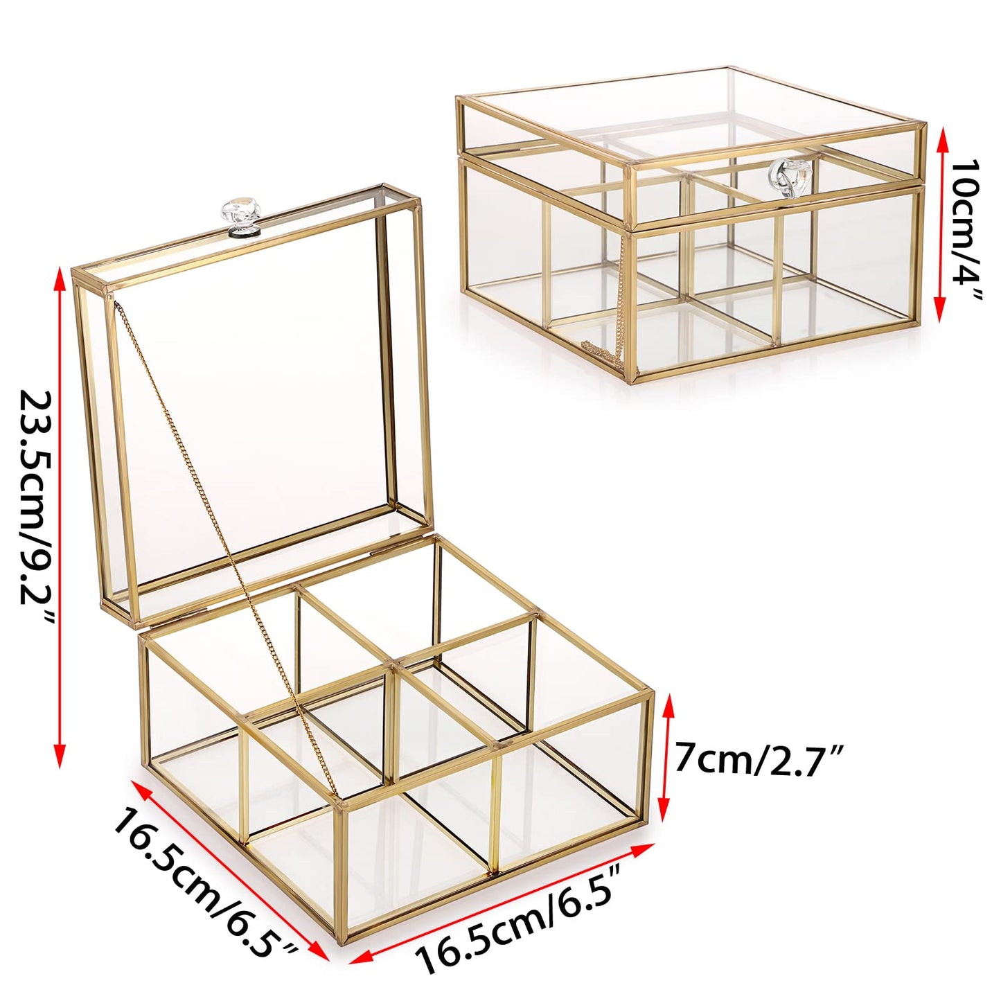 ELLDOO Gold Glass Tea Bags Box with Lid, Trinket Jewelry Box Countertop Storage for Sugar Packets Makeup Sponges Jewelry, 4 Grids, Glass Box Only