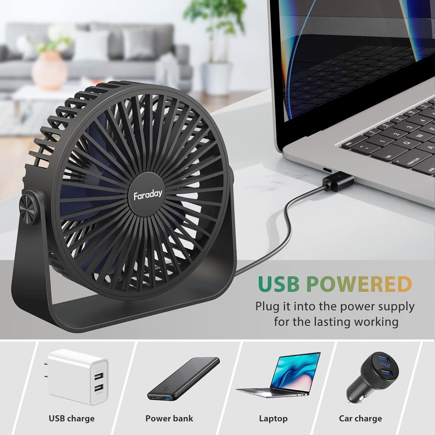 FARADAY USB Desk Fans, 5 Inches Portable Table Fans with 360° Head Rotation for Home Office, 3 Speeds, Black