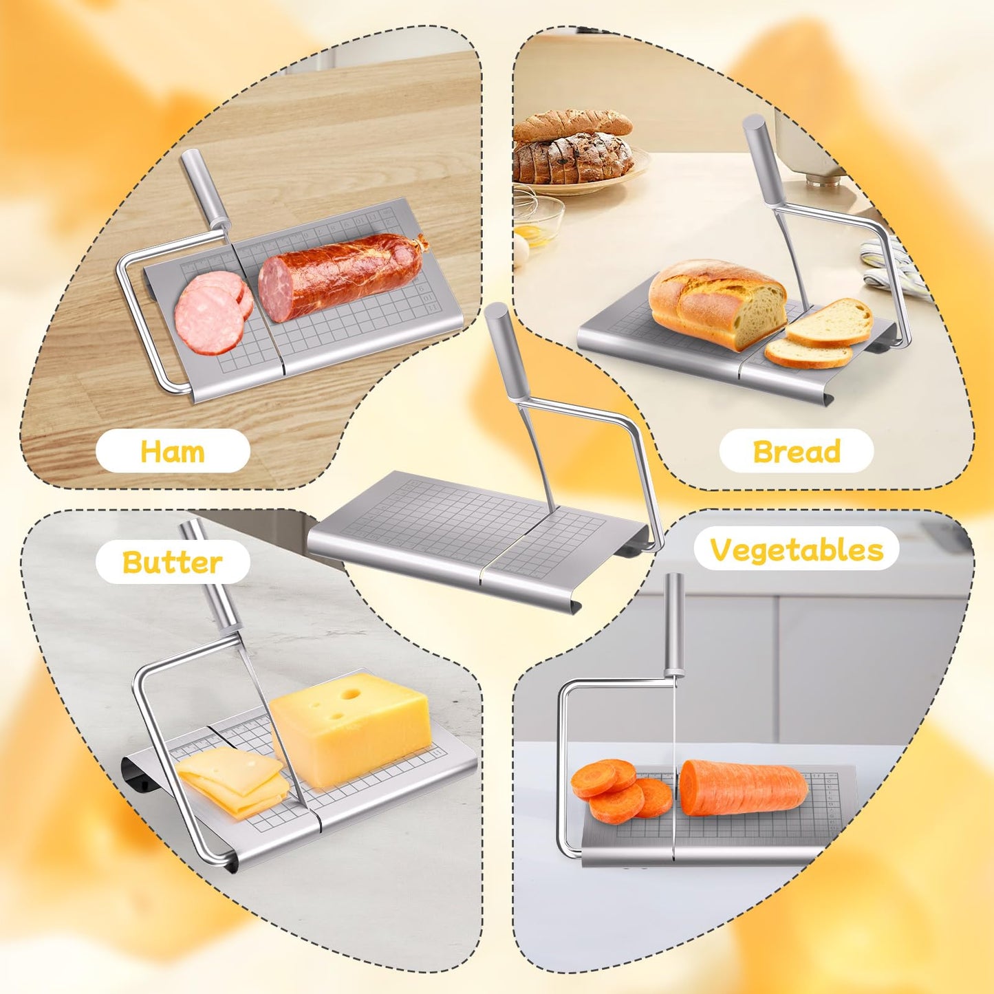 Pershook Cheese Slicer, with Measuring Grids Board & 6 Piece Cheese Knives, Stainless Steel Cheese Cutter with Blade, for Block Cheese, Butter and Sausages, Dishwasher Safe