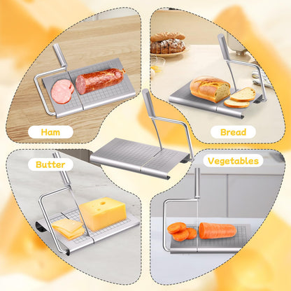 Pershook Cheese Slicer, with Measuring Grids Board & 6 Piece Cheese Knives, Stainless Steel Cheese Cutter with Blade, for Block Cheese, Butter and Sausages, Dishwasher Safe