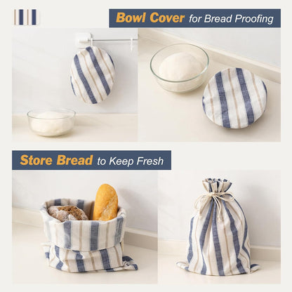 Bread Bags for Homemade Sourdough, Reusable Linen Storage Bag with Bowl Cover, Plastic Lined, Bread Proofing Cover