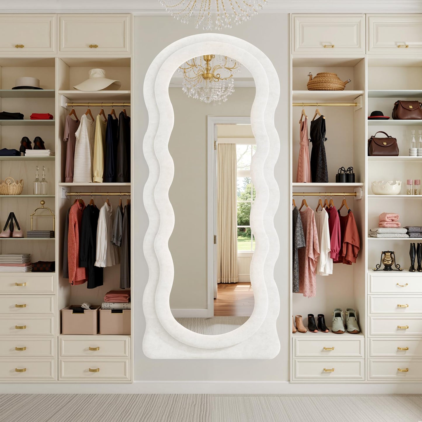Anpark Full Length Mirror 71"x30" Arched Wavy Full Body Wall Mounted Floor Mirror Ivory Flannel Frame Leaning Hanging Wall Mirror for Bedroom Entrance