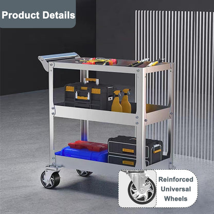 3-Tier 14 Gauge Stainless Steel Utility Cart, 1100 lbs Heavy Duty Service Cart with Wheels, Rolling Tool Cart on Wheels for Mechanic, Garage, Workshop, Warehouse, 15.75" D x 30.7" W x 36.2" H