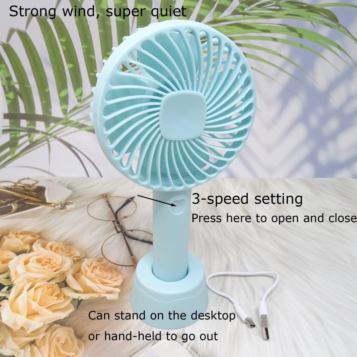 Honbay Handheld Rechargeable Fan, Portable USB Mini Fan with Base for Home, Office, Travel, Blue