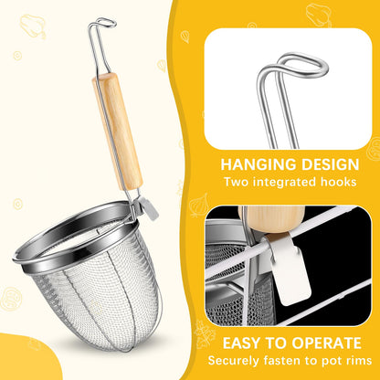 Patelai 4 Pcs Pasta Strainer Basket 5.5"x5.5" Stainless Steel Noodle Strainer with Wood Handle Kitchen Round Base Mesh Spider Basket Skimmer Food for Pasta, Ramen, Dumplings, and Deep-fried Foods