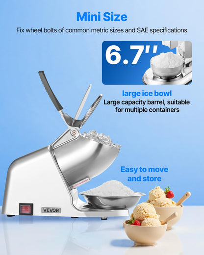 VEVOR Ice Crusher Machine, 286lbs Per Hour Electric 4 Blades Snow Cone Maker, Stainless Steel Shaved Ice Machine with Bowl and Cover, 300W 2000RPM Ice-Shaver for Home and Commercial Use, Silver