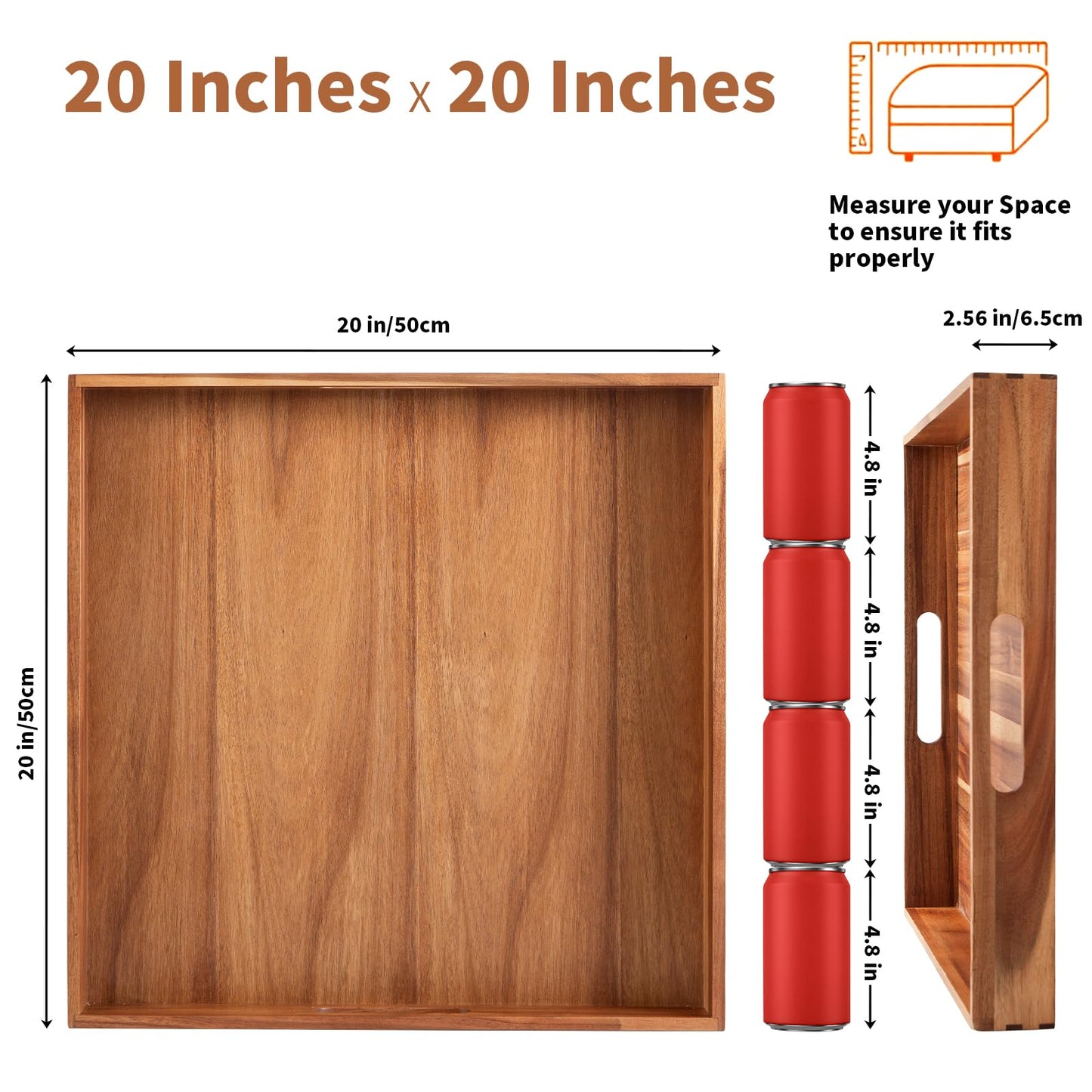 Serving Tray with Handles, 20 Inch Large Square Ottoman Tray Acacia Wood Decorative Tray for Living Room, Ottoman Coffee Table, Kitchen, Appetizers, Breakfast, Patio, Party