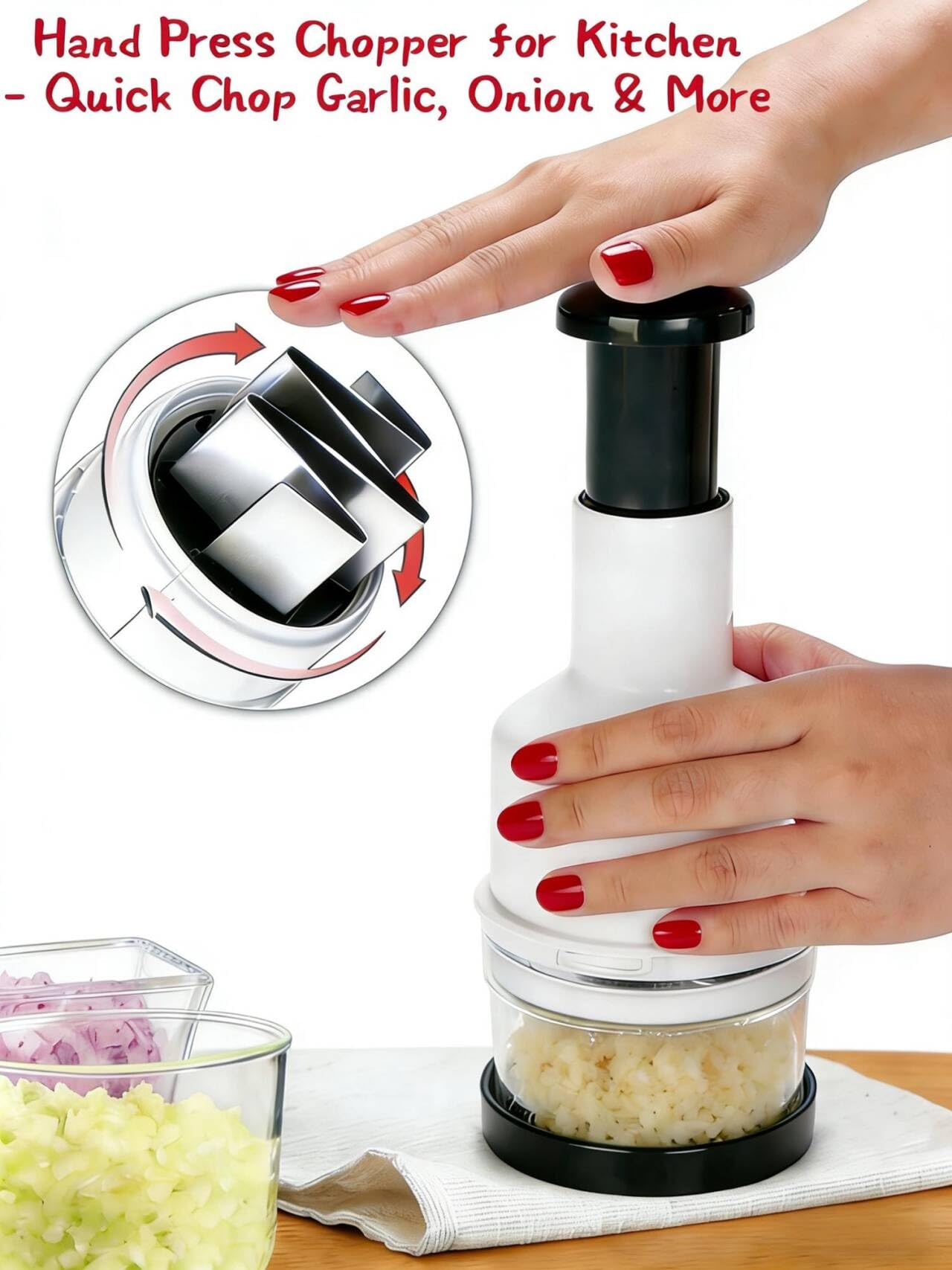 Manual Food Chopper with Stainless Steel Blade- Easy Press Vegetable chopper Gadget-Handheld Veggie Cutter Mincer For Onion Salad Garlic Nuts Mushroom Almond Ginger，Dishwasher Safe, BPA-Free