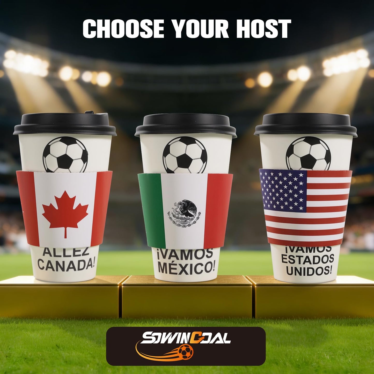 16 oz White Disposable Soccer Party Paper Cups USA (World Host #3) 24 Sets, To-Go Cups with Straws Lids Sleeves for Cold Drink/Hot Beverage, Compostable Water-Based Coating, Soccer Theme Supplies