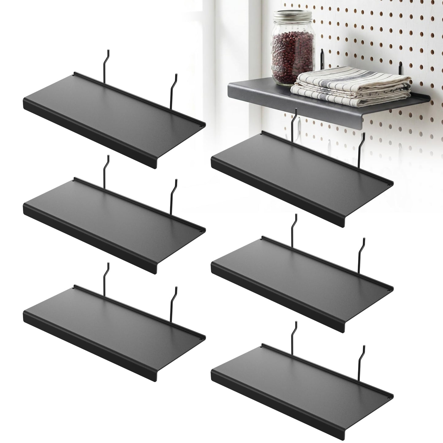 JUGGHOME 6 Pack Pegboard Shelves,10x4.3 Inch Metal Peg Board Shelving,Pegboard Accessories for Storing or Displaying,Pegboard Shelf Brackets for Retail Display Shelves,Garage Organizer,Home Storage