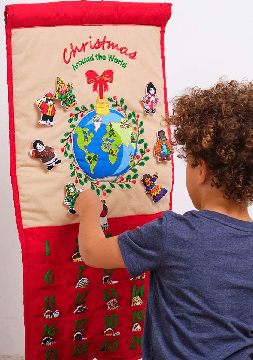 Pockets of Learning Christmas Around the World Advent Calendar - Interactive Holiday Countdown with 25 Stuffed Ornaments | Fabric Wall Hanging Décor