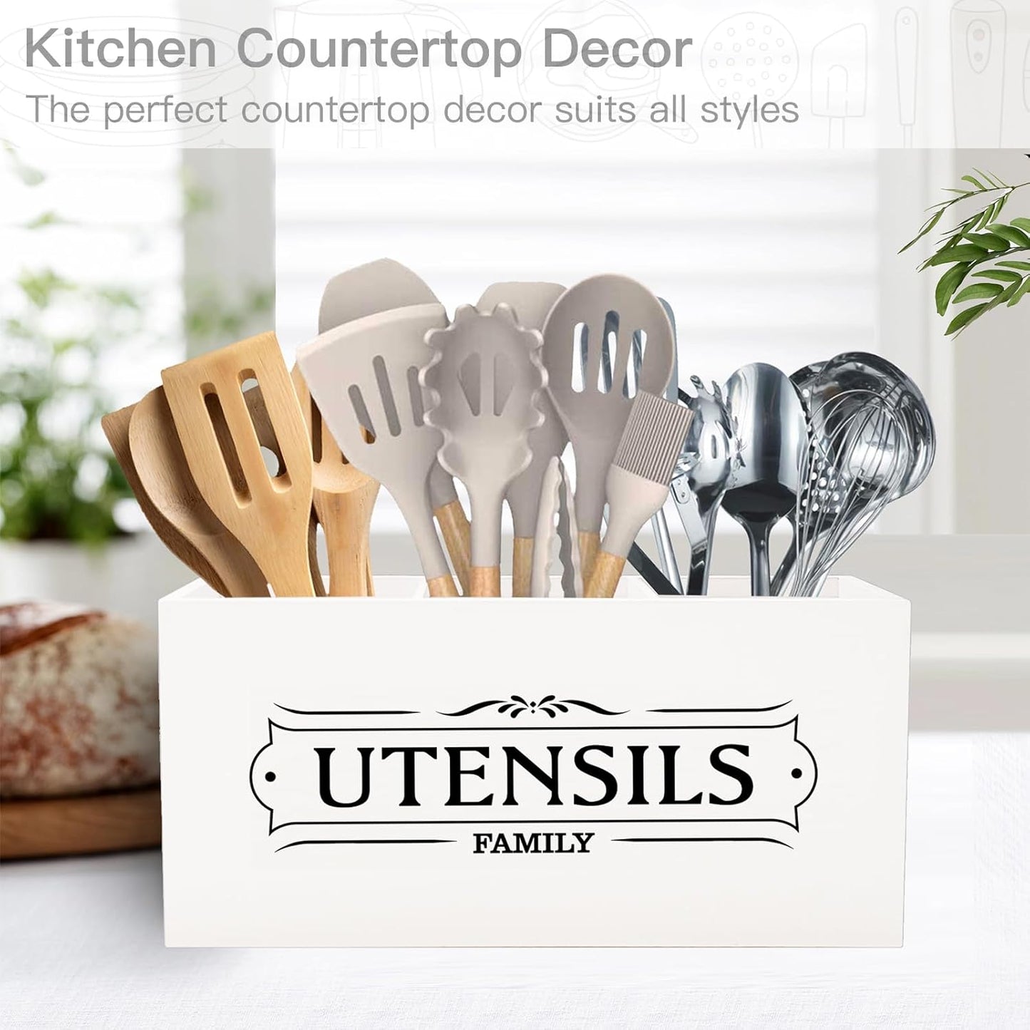 Kitchen Utensil Holder for Countertop - Large Wooden Utensil Holder for Party, Cooking, Farmhouse Kitchen Decor