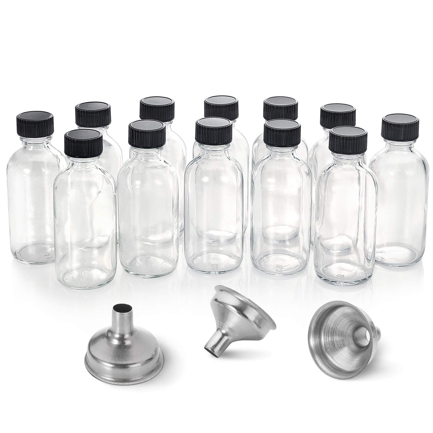 AOZITA 12 Pack, 2 oz Small Clear Glass Bottles w/Lid & 3 Funnels - 60ml Boston Shot Bottles for Health, Immunity, Potion, Wellness, Sample, Ginger, Juice - Mini Personal Care & Beauty Travel Bottle