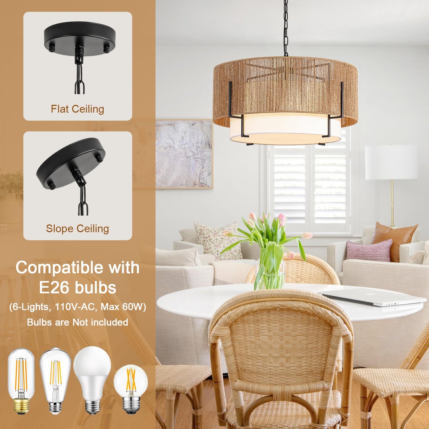 25.6" Large Rattan Chandelier, 6-Light Boho Pendant Light with Fabric Shade, Farmhouse Rattan Hanging Ceiling Light Fixture for Dining Room, Living Room, Kitchen Island, Bedroom, Hallway, Foyer