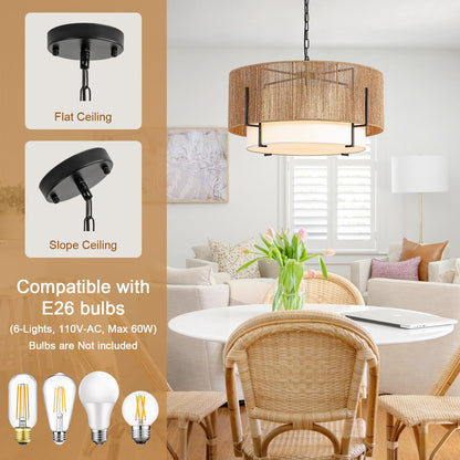 25.6" Large Rattan Chandelier, 6-Light Boho Pendant Light with Fabric Shade, Farmhouse Rattan Hanging Ceiling Light Fixture for Dining Room, Living Room, Kitchen Island, Bedroom, Hallway, Foyer