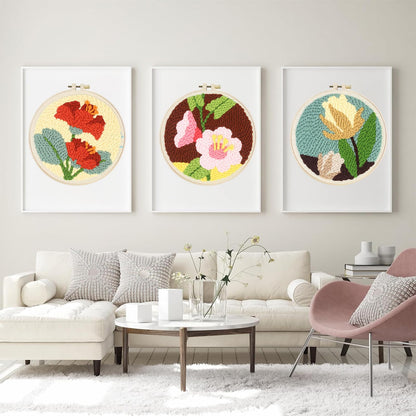 Woohome Punch Needle Kit Included Plastic Hoops, Punch Needle Cloth, Color Yarn and Punch Needle Tools for Adults, Beginners (Red, Pink and Yellow Flowers)