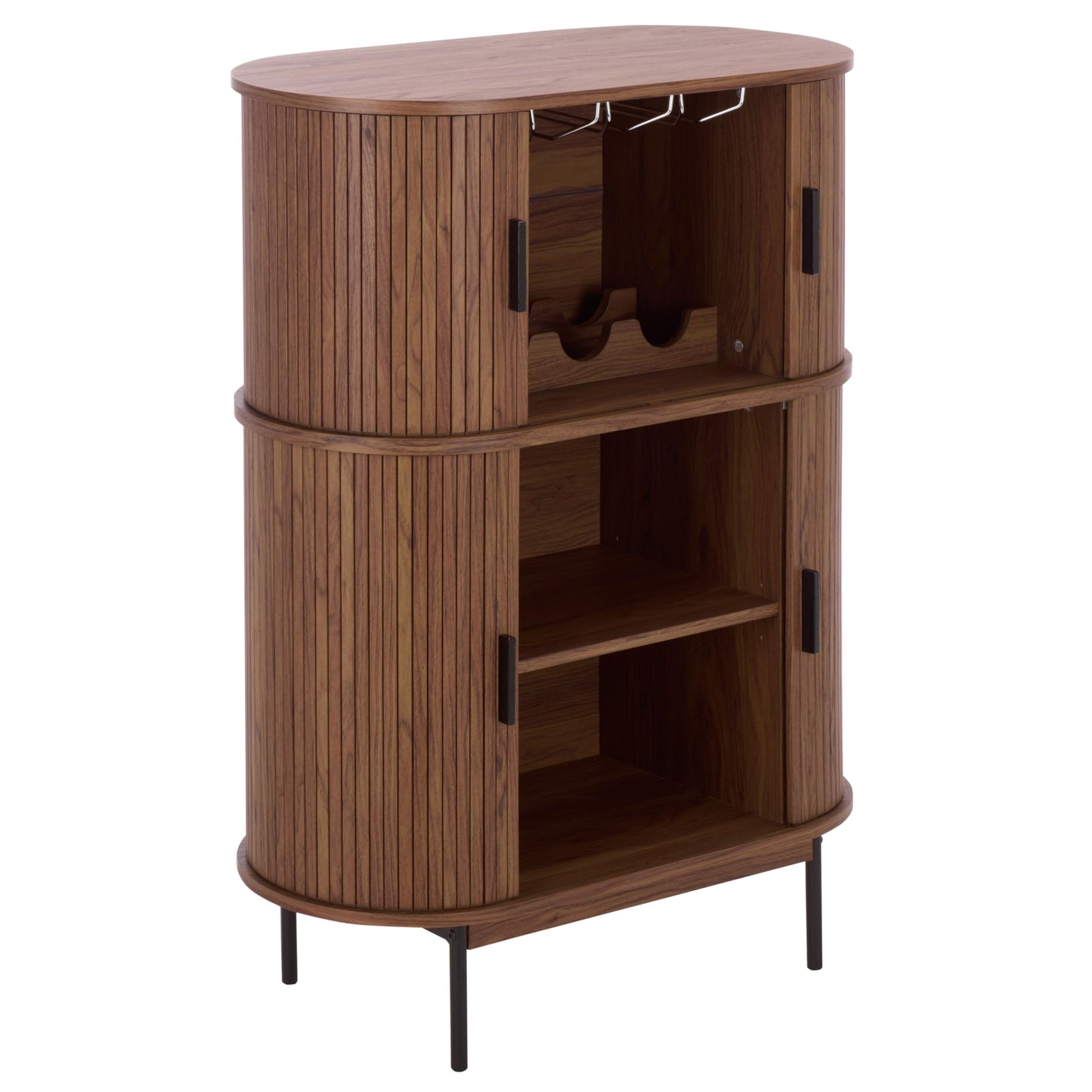 SAFAVIEH Furniture - Erdwing Bar Cabinet - Walnut & Black - Tambour Door Wine & Liquor Storage Cabinet with Glassware Rack - Ideal for Living Room, Home Bar, Dining Space (BCT3100A)