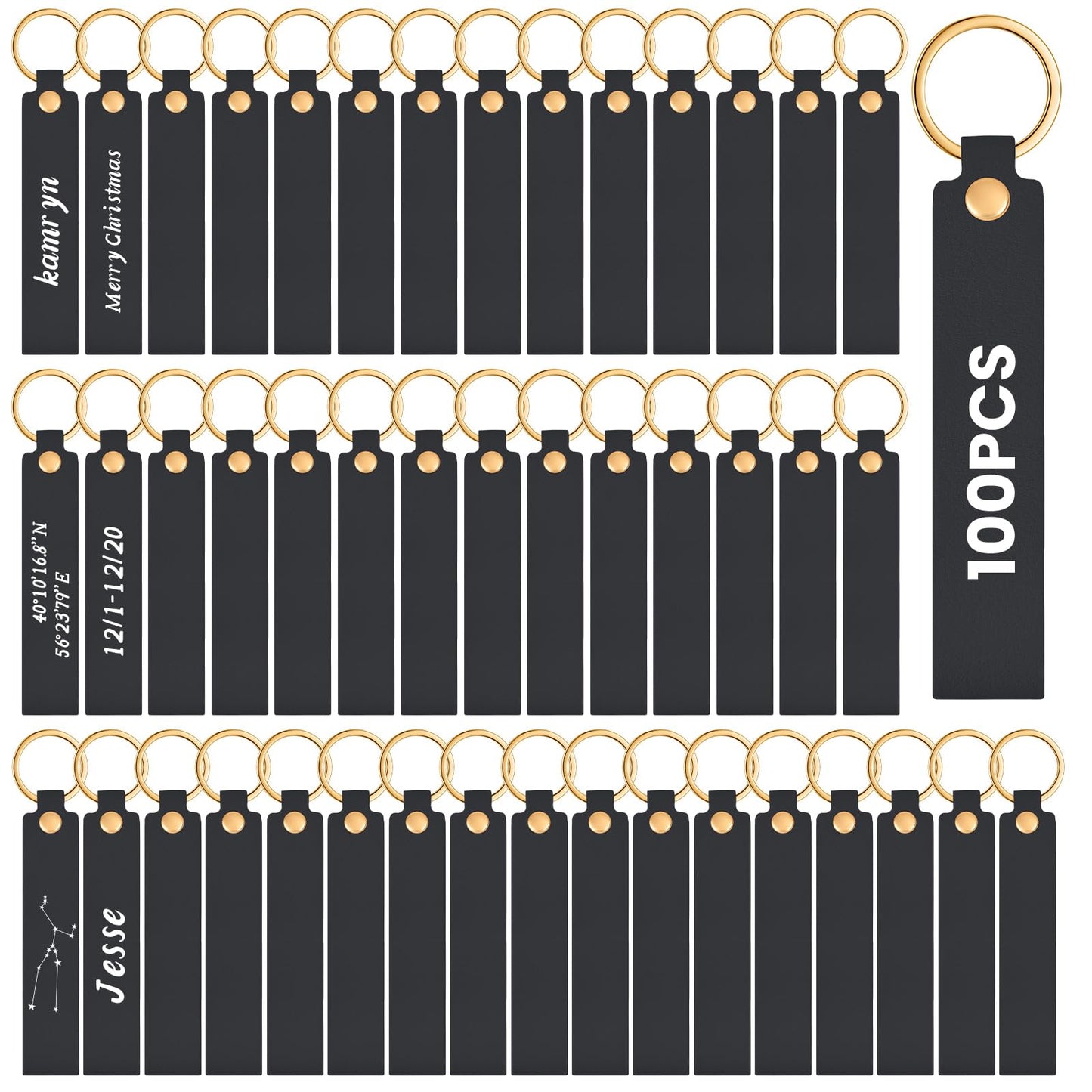 Wavyknot 100 Pcs PU Leather Keychain Blanks Bulk Laser Engraving Blanks Keychain Kit with Key Rings for DIY Key Chains Craft (5.6 x 0.8 Inches,Black)