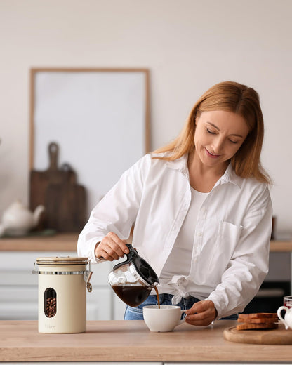 Veken Coffee Sugar Canister with Window, Mothers Day Gifts For Women,Airtight Stainless Steel Kitchen Food Storage Container, Date Tracker & Scoop for Grounds Coffee, Beans,Tea,Flour,Cereal,22OZ,Cream