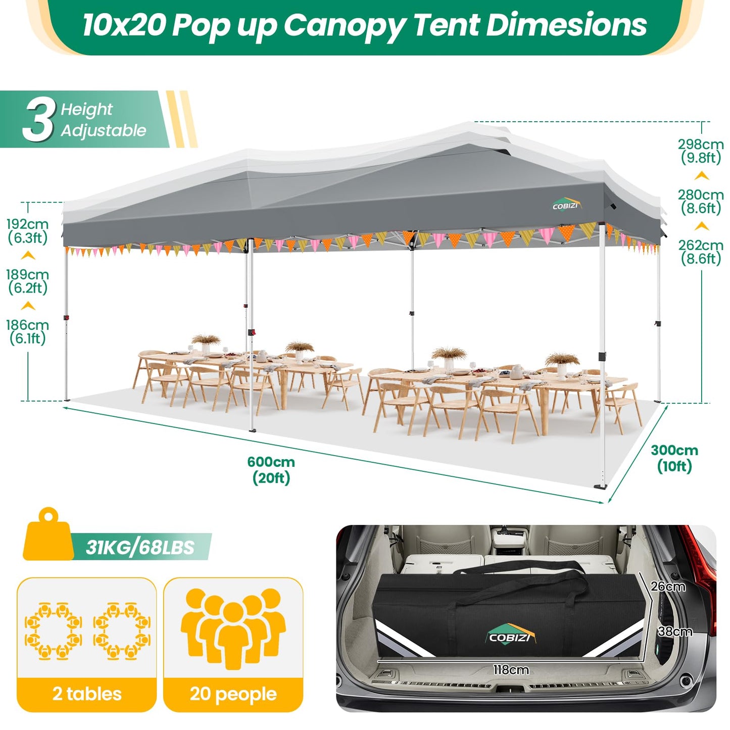 COBIZI Canopy 10x20 Pop Up Canopy Tent with 6 Sidewalls, One Push Party Tents for Parties Outdoor Wedding Waterproof Gazebo Commercial Event Tent with Sandbags, Grey