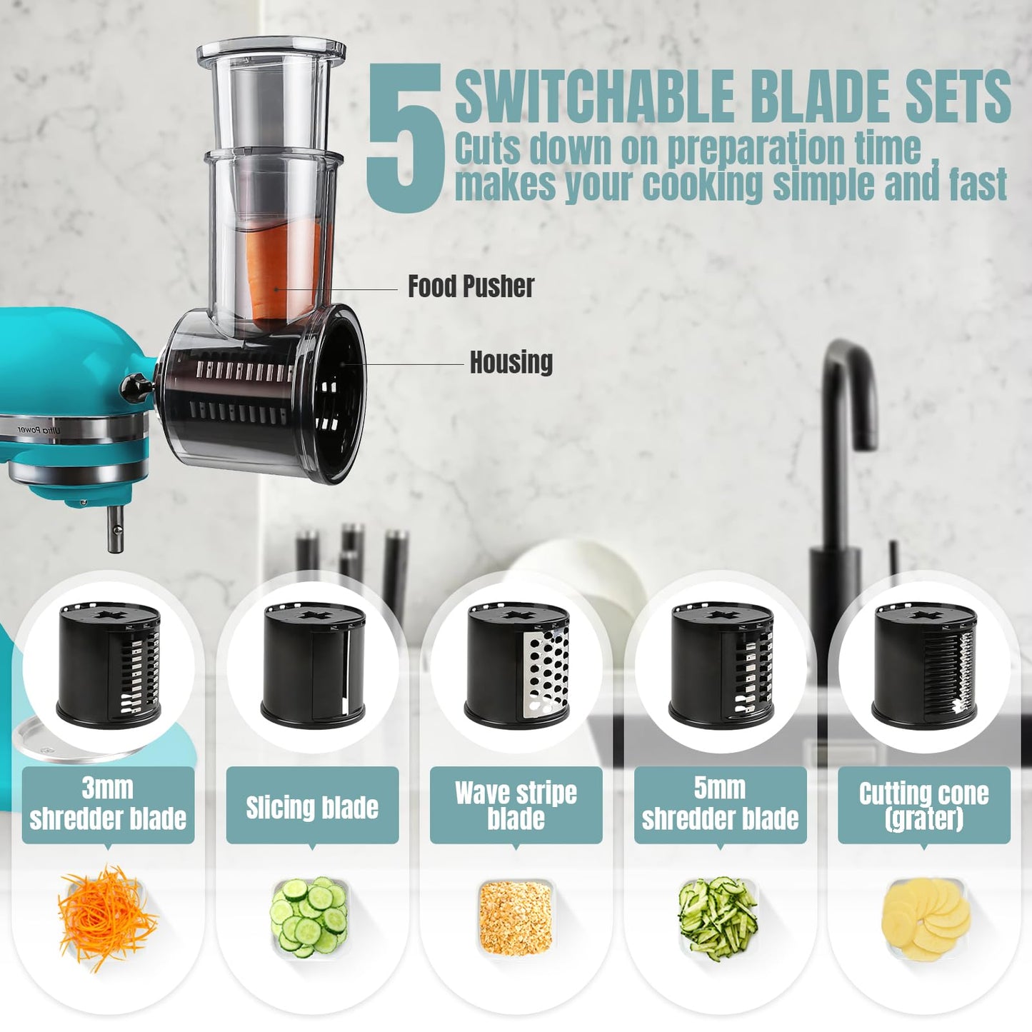 Stainless Steel Slicer Shredder Attachments for KitchenAid Stand Mixers, Vegetable Shredder, Cheese Grater, Salad Maker, Food Slicers Chopper Grinding Powder Accessories with Detachable 5 Blades