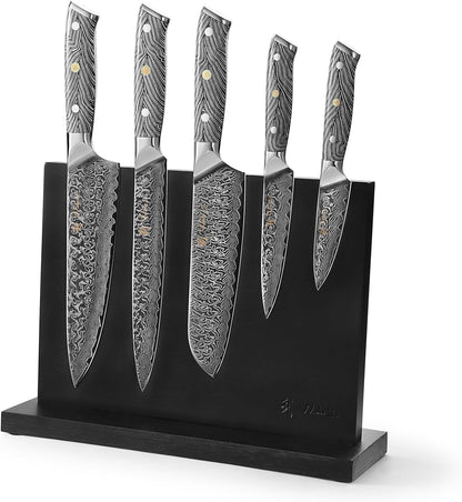 Wakoli Noir Blanc Damascus Knife Block Set – 5-Piece Professional Chef Knife Collection with Magnetic Block – Kitchen Knives made of 67-Layer Damascus Steel Blades & Ergonomic G10 Handles in Gift Box