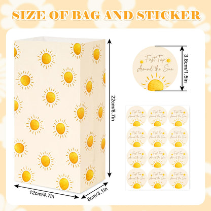 Whaline 24Pcs Boho Sun Party Favor Bags Baby Shower Paper Gift Bag with Tag Stickers First Trip Around the Sun Treat Candy Goodie Bags for Birthday Party Supplies, 4.7 x 3.1 x 8.7 Inch