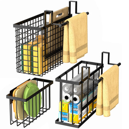 DTUQYX 3 Pack Cabinet Door Organizer - Adjustable Over Cabinet Door Organizer with Towel Rack and Small Basket, Over The Cabinet Door Storage for Kitchen Supplie, Cleaning Supplie and Cutting Board