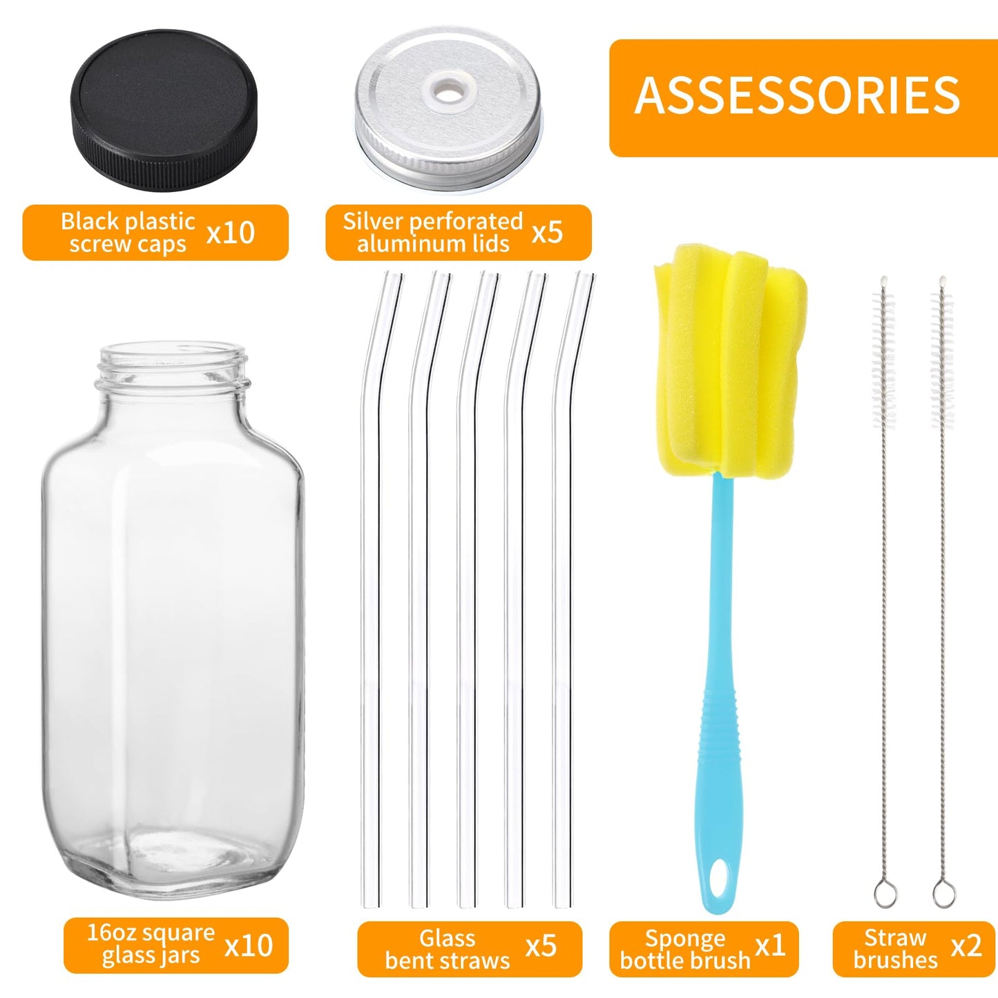 CUCUMI 10pcs 16oz Glass Juice Bottles with Lids, Reusable Juice Containers Drinking Jars Water Cups with Brush, Glass Straws, Lids with Hole