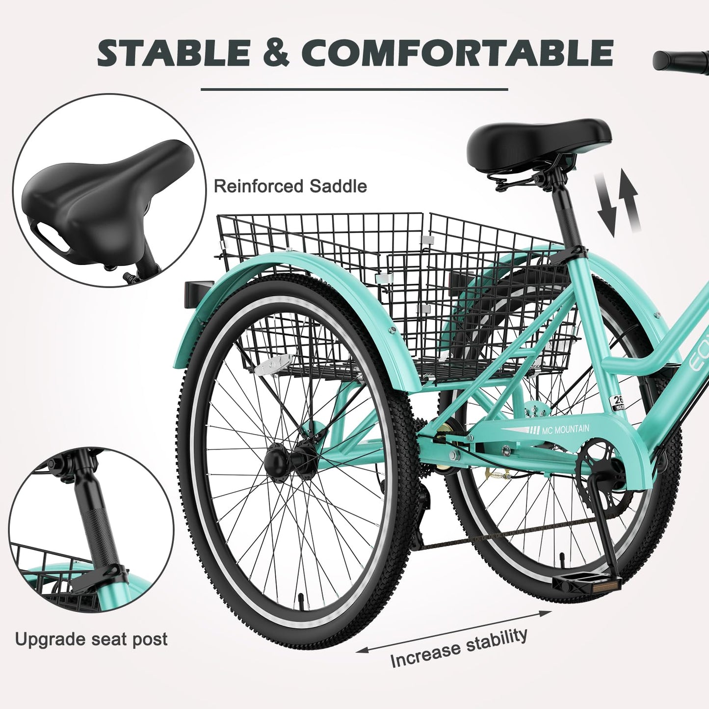 H&ZT Adult Tricycle, 3 Wheeled Bike, Trike Cruiser Bike, with 7-Speed Gear, Parking Brake Handle, Low Step, Large Rear Basket, Elderly Friendly, for Men, Women, and Teens