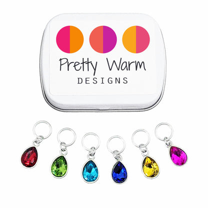 Pretty Warm Designs Rainbow Crystal Drop Stitch Markers for Knitting with Storage Tin - Set of 6 Sparkly Jewel-Tone Charms on Snag-Free Rings - Handmade Yarn Notions