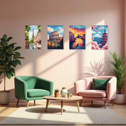 obterie 4 Pack Framed Paint by Numbers Kit for Adults Beginner Canvas Painting by Numbers for Adults Landscapes Easy Adult Paint by Number Kits with Frame City Watercolor Painting by Number 8x12 Inch