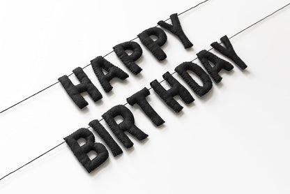 Happy Birthday Felt Fabric Banner, Black Birthday Garland, Reusable Elegant Decoration for Birthday Party