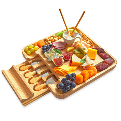 RoyalHouse Bamboo Cheese Board and Knife Set with Slide-Out Cutlery Drawer - Charcuterie Boards Set & Cheese Platter - Birthday Gifts for Women, Wedding Gifts for Couples 2025, Bridal Shower Gifts