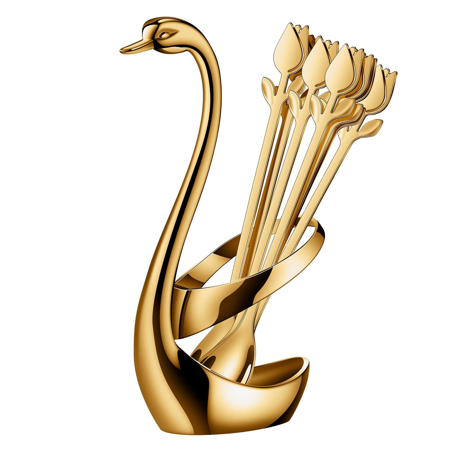 SGVRPVZ Gold Small Coffee Spoon Holder Set,Swan Base With 12 Pcs Demitasse Espresso Spoons Set,6" Mini Tulip/Rose Dessert Spoon,Stainless Steel Tea Spoons