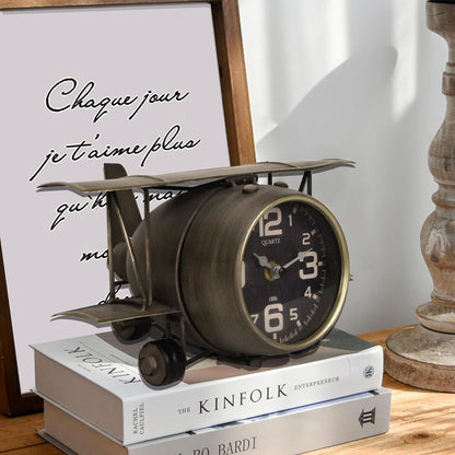 TenFuju Airplane Metal Tabletop Clock Industrial Home Decor Accents for The Mantel, Shelf, Desk, or Any Table Top