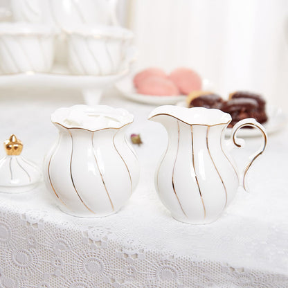 DUJUST White Cream & Sugar Set, Luxury British Design in Golden Trims, 1 Sugar Bowl with Lid (12 OZ), 1 Creamer (8 OZ), Handcrafted Sugar Creamer Set, Decoration for Kitchen