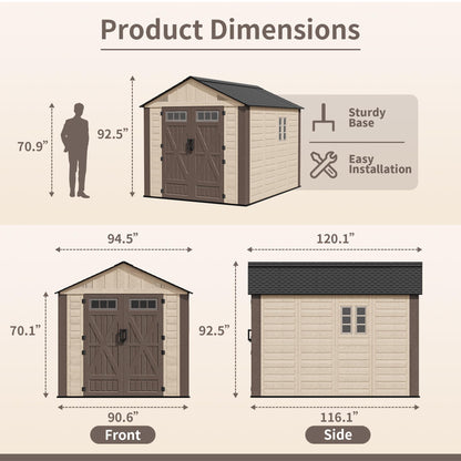 AirWire 8x10 FT Outdoor Resin Storage Shed, Plastic Shed with Floor, Door,Window &Vents, Extra Thick Outdoor Resin Shed for Patio, Backyard, Beige