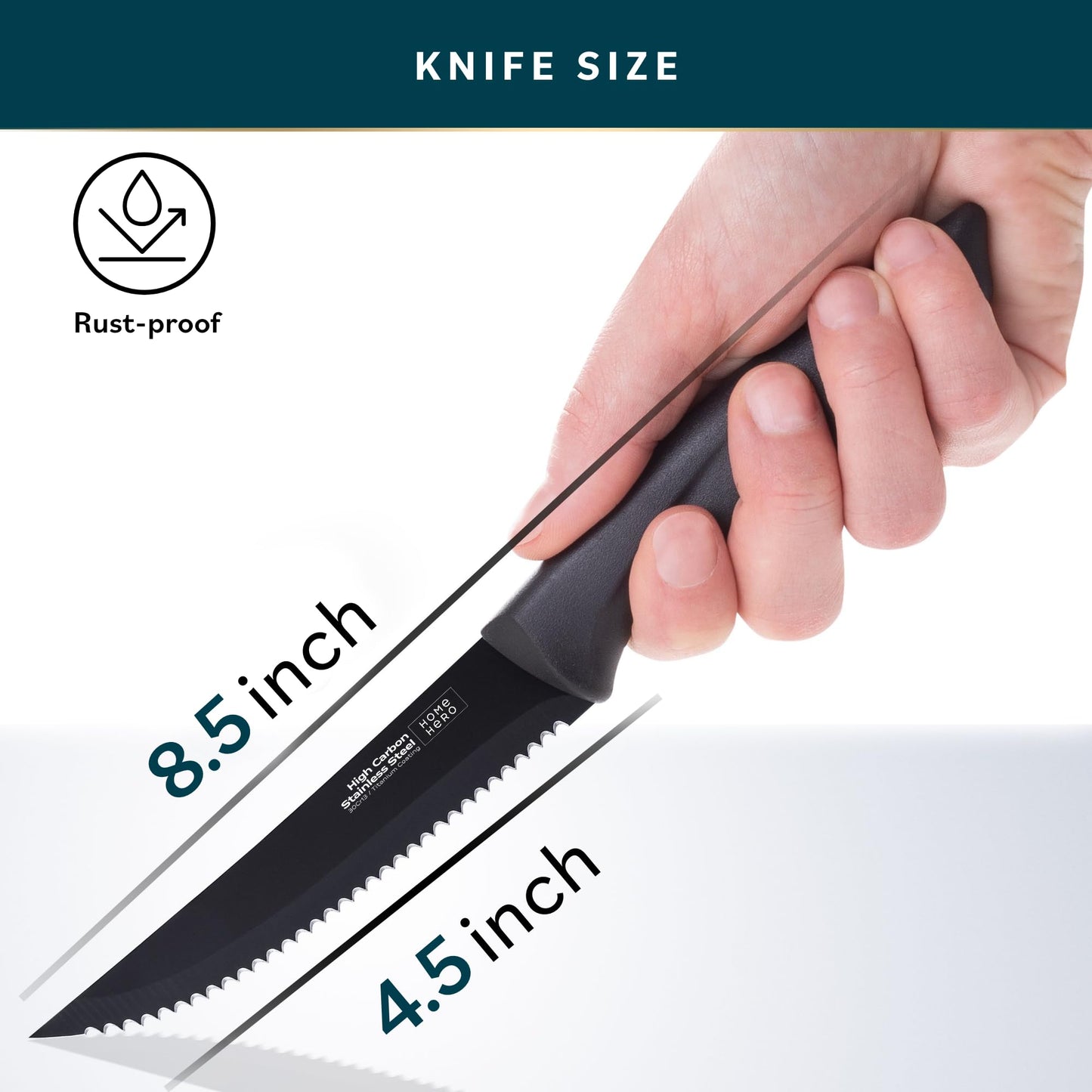Home Hero High-Carbon Stainless Steel Steak Knife Set - Sharp Serrated Knives & Nonstick Coating - Ergonomic TPR-Coated Handles - Rust-Resistant Blades & Hand Wash - 8-Piece Set, Black