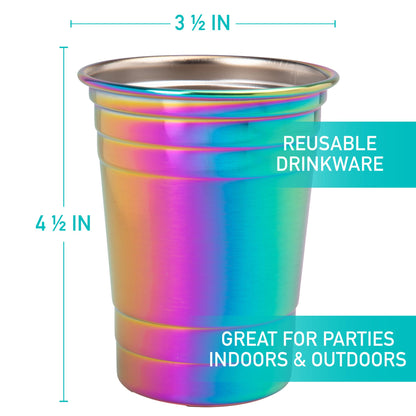 D'Eco Rainbow Stainless Steel Party Cups (4 Pack, 16 oz) - Reusable, Stackable, BPA-Free Metal Tumblers - Shatterproof Drinking Cups for Parties, Games, College, Entertaining, Outdoor & Everyday Use