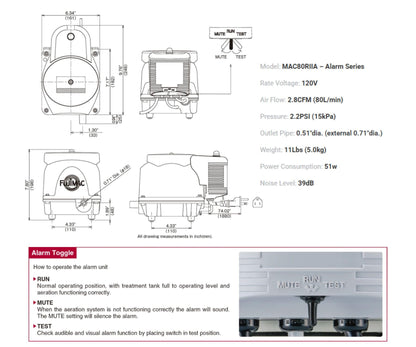 FUJIMAC 80RIIA Alarm Series Pond or Septic Air Pump | Mid-to-High Capacity Linear Diaphragm Pump for Aerobic Treatment Systems. | Quiet, Oil-Free Operation with Thermal Protection and Easy Maintenance