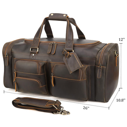 Polare 26" Leather Duffel Weekender Travel Bag For Men With Full Grain Cowhide Leather 56L