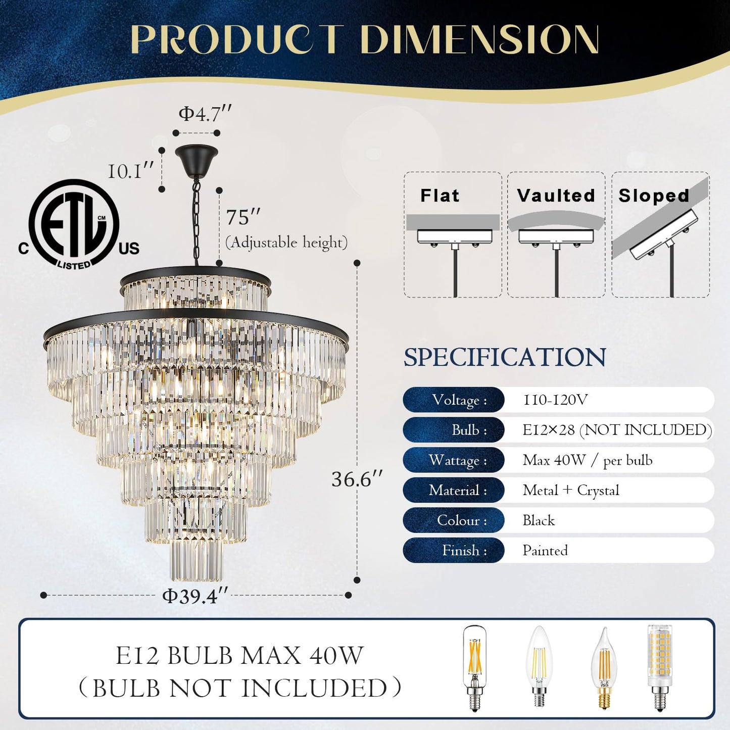 MERINEA Large 40" Black Crystal Chandelier 28 Lights Modern Round Chandeliers for Staircase Luxury 7-Tier K9 Crystal Ceiling Pendant Light Fixture for High Ceiling Living Room Foyer